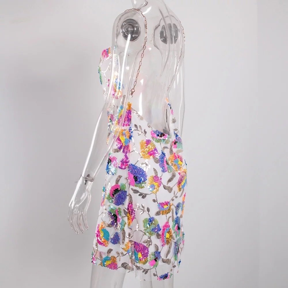 multicolor sequin gold chain strap mini sheath party dress white new with tag S - Picture 9 of 12